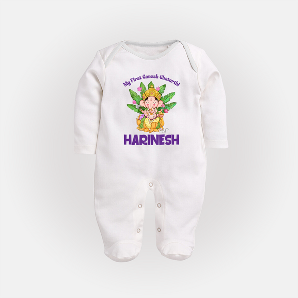 Ganesh Chaturthi Baby's First Sleep Suit / Full Sleeve Body Suit | Custom Sleep Suit / Full Sleeve Body Suit for the Festival of Ganesha - WHITE - New Born (Chest 7.5")