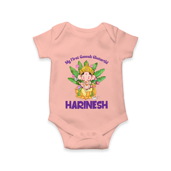 Ganesh Chaturthi Baby's First Romper / Onesie | Custom Romper / Onesie for the Festival of Ganesha - PEACH - New Born (Chest 14")