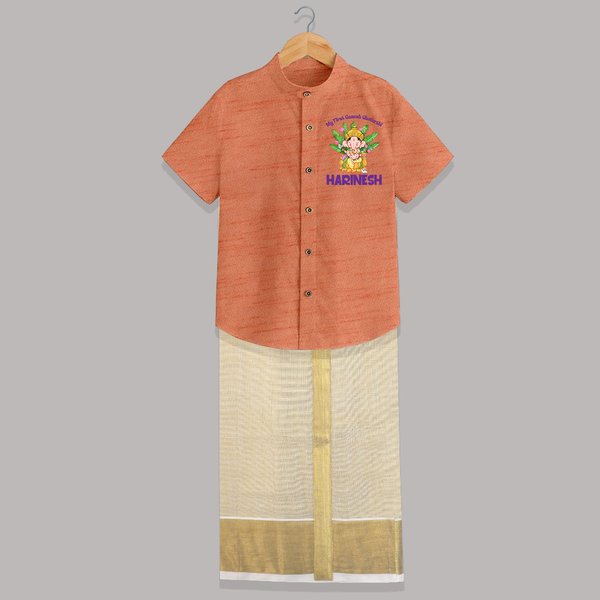 Ganesh Chaturthi Baby's First Shirt And Dhoti | Custom Shirt And Dhoti for the Festival of Ganesha - ORANGE - 0 - 6 Months Old (Chest-23") (Dhoti length-14")