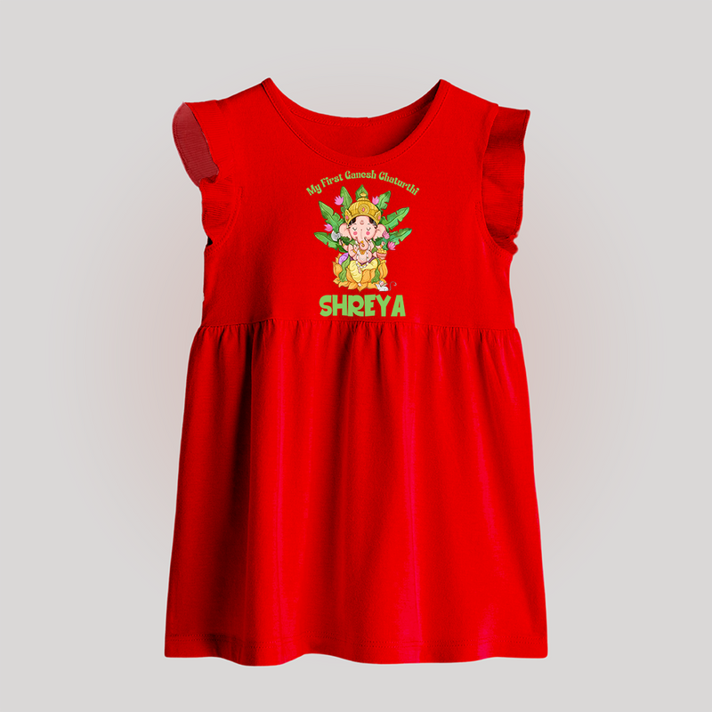 Ganesh Chaturthi Baby's First Baby Frock | Custom Baby Frock for the Festival of Ganesha - RED - 0 - 3 Months Old (Chest 17")