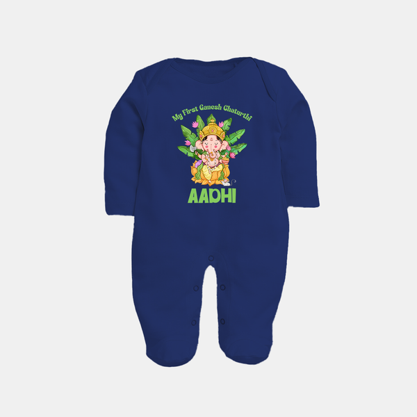Ganesh Chaturthi Baby's First Sleep Suit / Full Sleeve Body Suit | Custom Sleep Suit / Full Sleeve Body Suit for the Festival of Ganesha - NAVY BLUE - New Born (Chest 7.5")