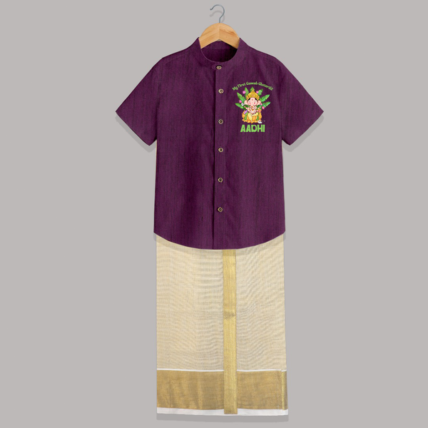 Ganesh Chaturthi Baby's First Shirt And Dhoti | Custom Shirt And Dhoti for the Festival of Ganesha - GRAPE - 0 - 6 Months Old (Chest-23") (Dhoti length-14")