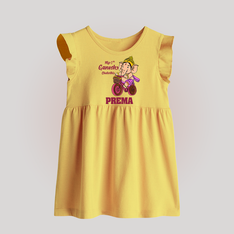 Ganesh Chaturthi Baby Outfit | Personalized Baby Frock for My First Ganesh Festival - PASTEL YELLOW - 0 - 3 Months Old (Chest 17")