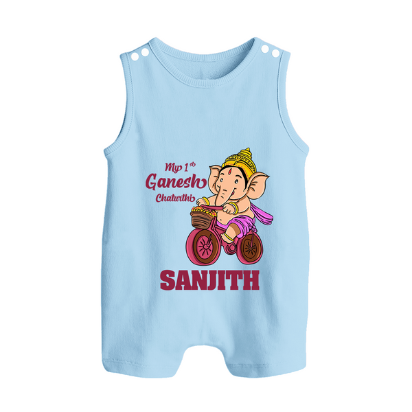 Ganesh Chaturthi Baby Outfit | Personalized Baby Romper Suit / Sleeveless Romper for My First Ganesh Festival - BABY BLUE - 0 - 5 Months Old (Chest 18")