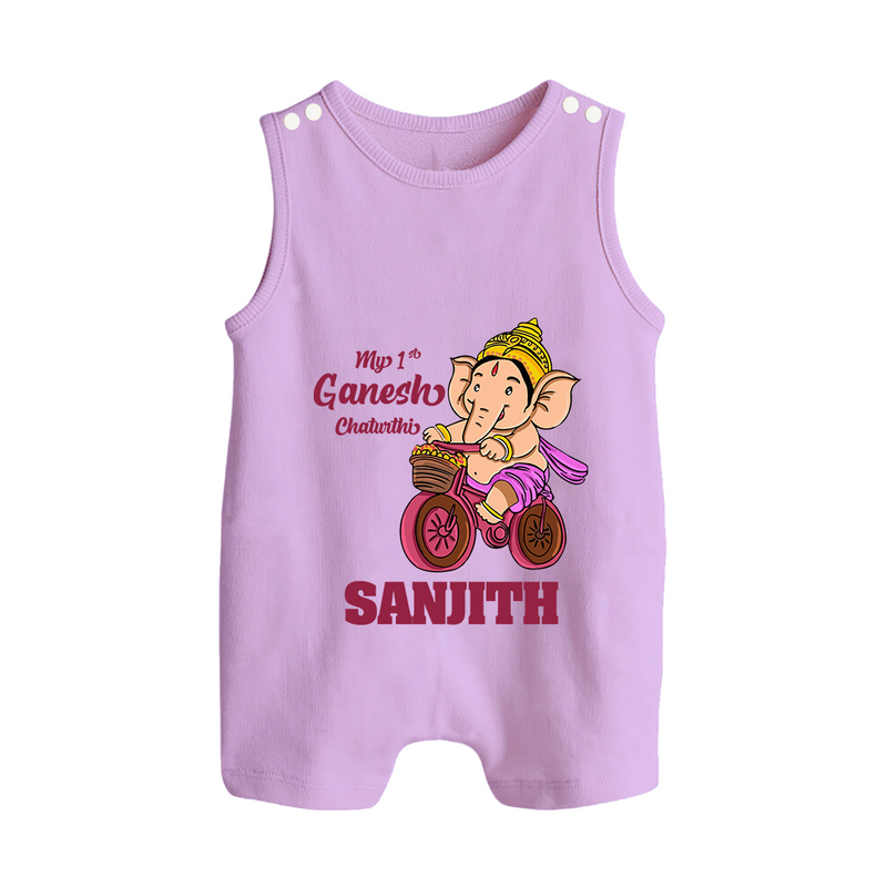Ganesh Chaturthi Baby Outfit | Personalized Baby Romper Suit / Sleeveless Romper for My First Ganesh Festival - LILAC - 0 - 5 Months Old (Chest 18")