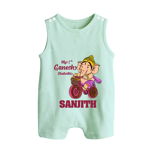Ganesh Chaturthi Baby Outfit | Personalized Baby Romper Suit / Sleeveless Romper for My First Ganesh Festival - MINT GREEN - 0 - 5 Months Old (Chest 18")