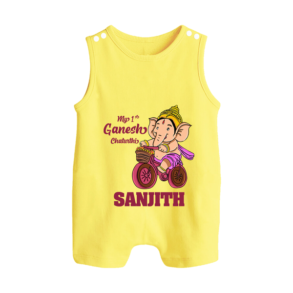 Ganesh Chaturthi Baby Outfit | Personalized Baby Romper Suit / Sleeveless Romper for My First Ganesh Festival - PASTEL YELLOW - 0 - 5 Months Old (Chest 18")