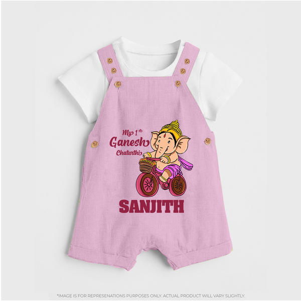 Ganesh Chaturthi Baby Outfit | Personalized Baby Dungaree Set for My First Ganesh Festival - BABY PINK - 0 - 5 Months Old (Chest 18")