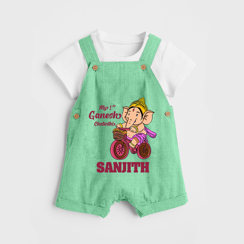 Ganesh Chaturthi Baby Outfit | Personalized Baby Dungaree Set for My First Ganesh Festival - GREEN - 0 - 5 Months Old (Chest 18")