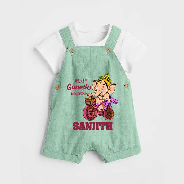 Ganesh Chaturthi Baby Outfit | Personalized Baby Dungaree Set for My First Ganesh Festival - MINT GREEN - 0 - 5 Months Old (Chest 18")