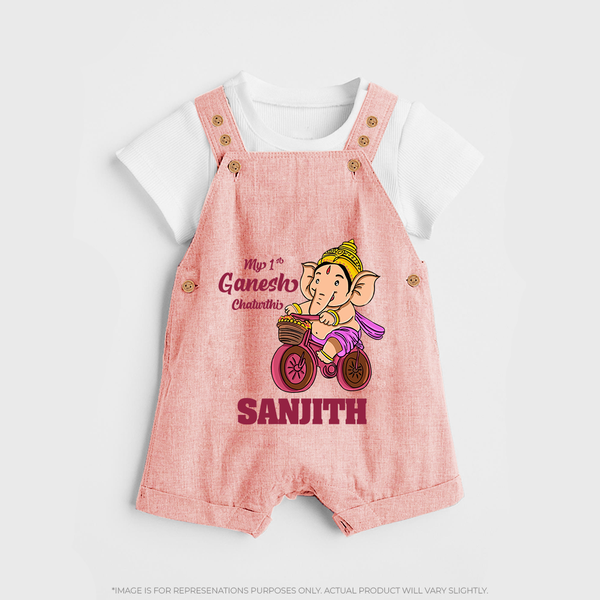 Ganesh Chaturthi Baby Outfit | Personalized Baby Dungaree Set for My First Ganesh Festival - PEACH - 0 - 5 Months Old (Chest 18")