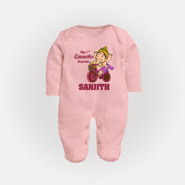 Ganesh Chaturthi Baby Outfit | Personalized Baby Sleep Suit / Full Sleeve Body Suit for My First Ganesh Festival - BABY PINK - New Born (Chest 7.5")