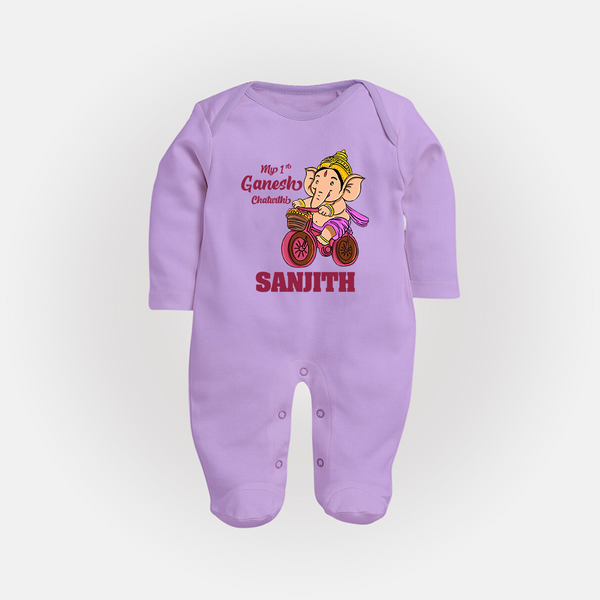 Ganesh Chaturthi Baby Outfit | Personalized Baby Sleep Suit / Full Sleeve Body Suit for My First Ganesh Festival - LILAC - New Born (Chest 7.5")
