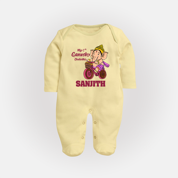 Ganesh Chaturthi Baby Outfit | Personalized Baby Sleep Suit / Full Sleeve Body Suit for My First Ganesh Festival - PASTEL YELLOW - New Born (Chest 7.5")