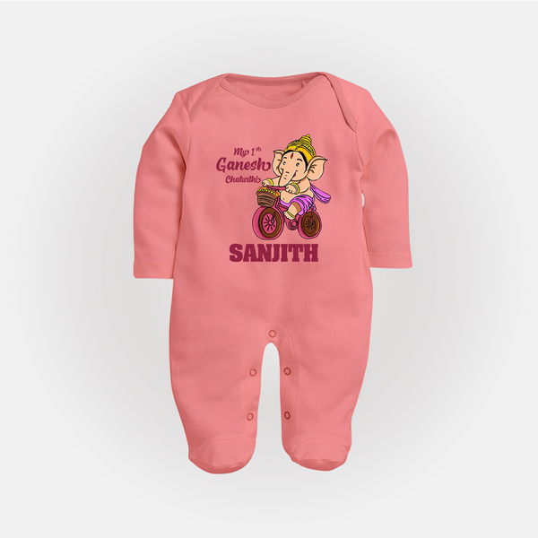 Ganesh Chaturthi Baby Outfit | Personalized Baby Sleep Suit / Full Sleeve Body Suit for My First Ganesh Festival - PEACH - New Born (Chest 7.5")