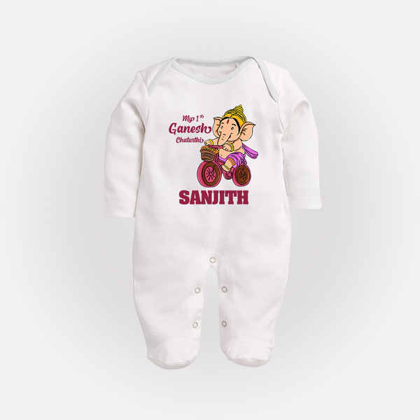 Ganesh Chaturthi Baby Outfit | Personalized Baby Sleep Suit / Full Sleeve Body Suit for My First Ganesh Festival - WHITE - New Born (Chest 7.5")