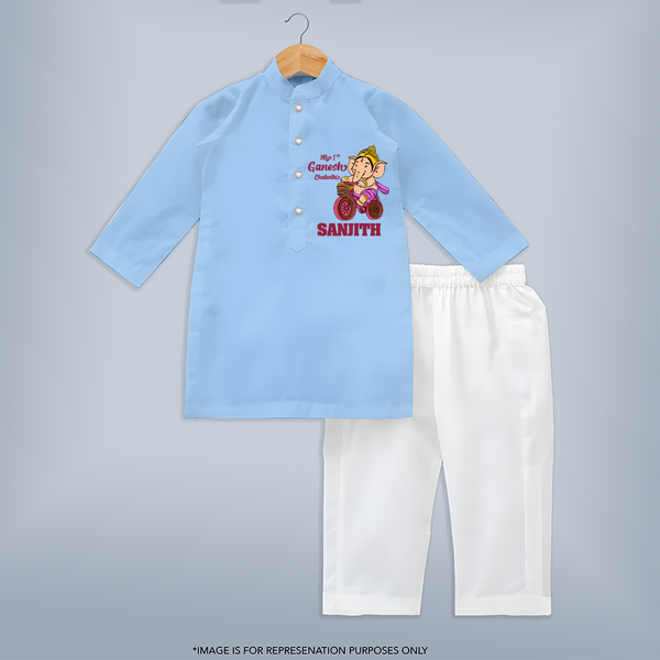Ganesh Chaturthi Baby Outfit | Personalized Baby Kurta Set for My First Ganesh Festival - BABY BLUE - 3 - 6 Months Old (Chest 24", Kurta Length 14'', Waist 19", Pant Length 14")