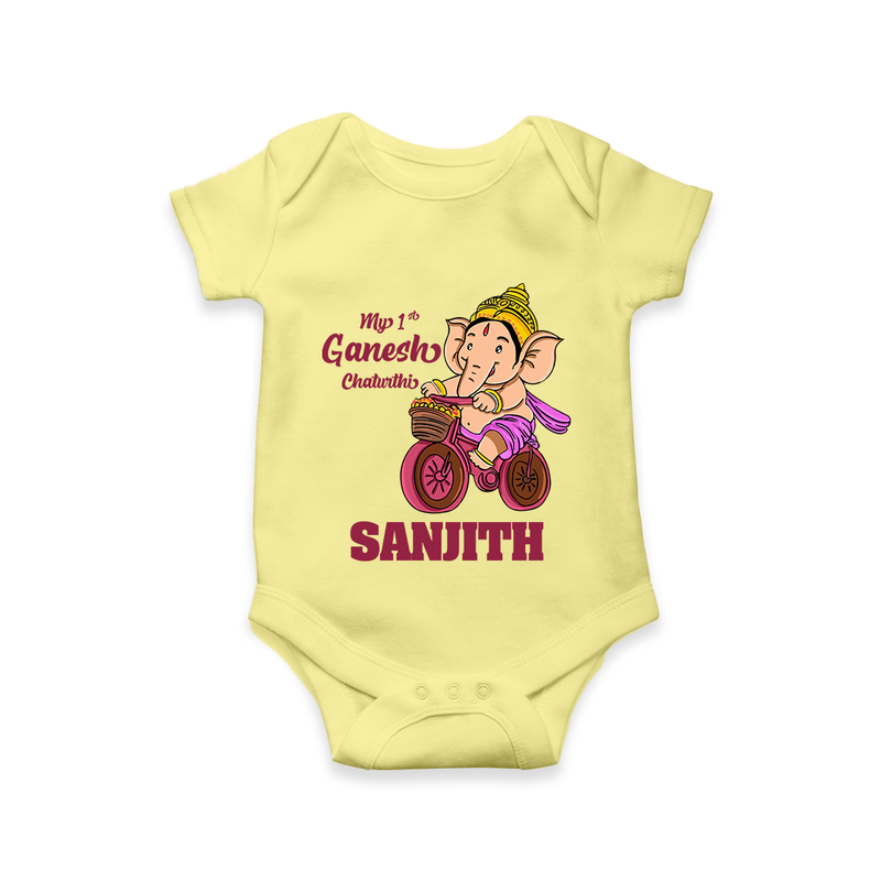 Ganesh Chaturthi Baby Outfit | Personalized Baby Romper / Onesie for My First Ganesh Festival - PASTEL YELLOW - New Born (Chest 14")