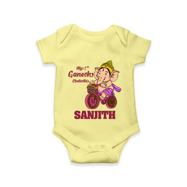 Ganesh Chaturthi Baby Outfit | Personalized Baby Romper / Onesie for My First Ganesh Festival - PASTEL YELLOW - New Born (Chest 14")