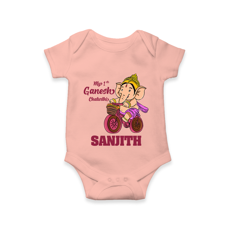 Ganesh Chaturthi Baby Outfit | Personalized Baby Romper / Onesie for My First Ganesh Festival - PEACH - New Born (Chest 14")