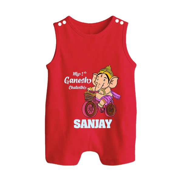 Ganesh Chaturthi Baby Outfit | Personalized Baby Romper Suit / Sleeveless Romper for My First Ganesh Festival - RED - 0 - 5 Months Old (Chest 18")