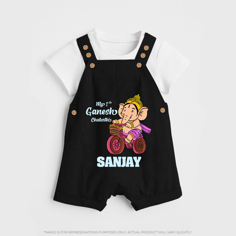 Ganesh Chaturthi Baby Outfit | Personalized Baby Dungaree Set for My First Ganesh Festival - BLACK - 0 - 5 Months Old (Chest 18")