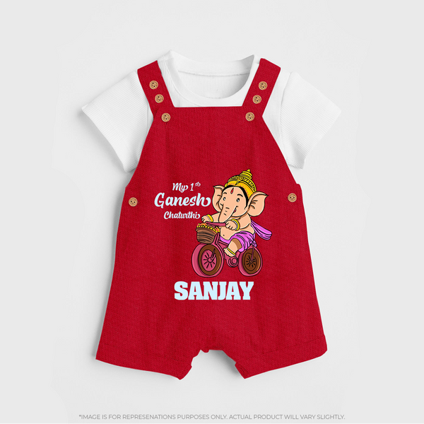 Ganesh Chaturthi Baby Outfit | Personalized Baby Dungaree Set for My First Ganesh Festival - RED - 0 - 5 Months Old (Chest 18")