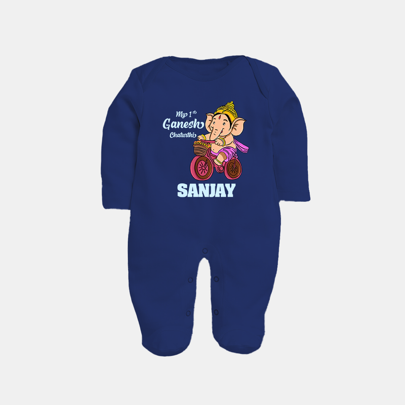 Ganesh Chaturthi Baby Outfit | Personalized Baby Sleep Suit / Full Sleeve Body Suit for My First Ganesh Festival - NAVY BLUE - New Born (Chest 7.5")