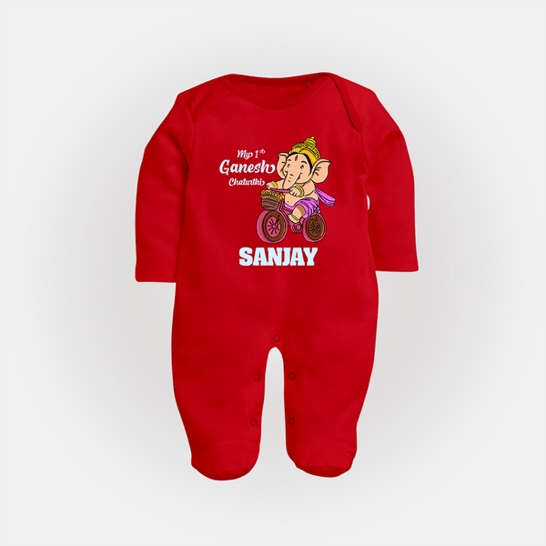 Ganesh Chaturthi Baby Outfit | Personalized Baby Sleep Suit / Full Sleeve Body Suit for My First Ganesh Festival - RED - New Born (Chest 7.5")