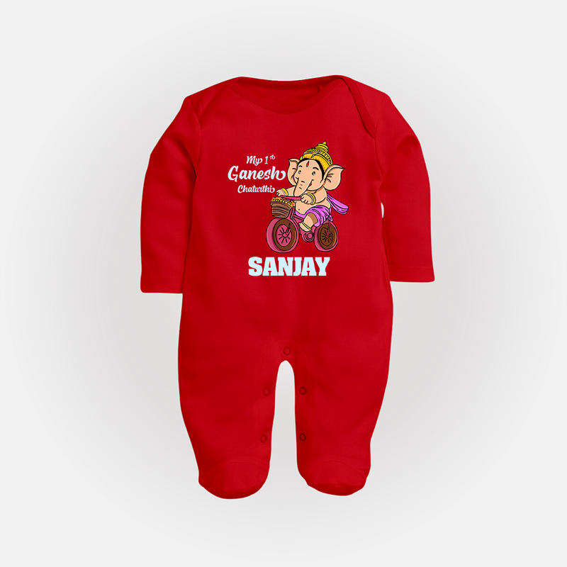 Ganesh Chaturthi Baby Outfit | Personalized Baby Sleep Suit / Full Sleeve Body Suit for My First Ganesh Festival - RED - New Born (Chest 7.5")