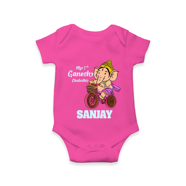 Ganesh Chaturthi Baby Outfit | Personalized Baby Romper / Onesie for My First Ganesh Festival - HOT PINK - New Born (Chest 14")