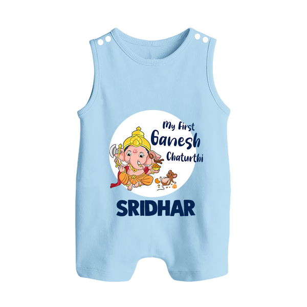 Ganesh Chaturthi Romper Suit / Sleeveless Romper for Baby | Custom Romper Suit / Sleeveless Romper to Celebrate First Ganesh Chaturthi - BABY BLUE - 0 - 5 Months Old (Chest 18")