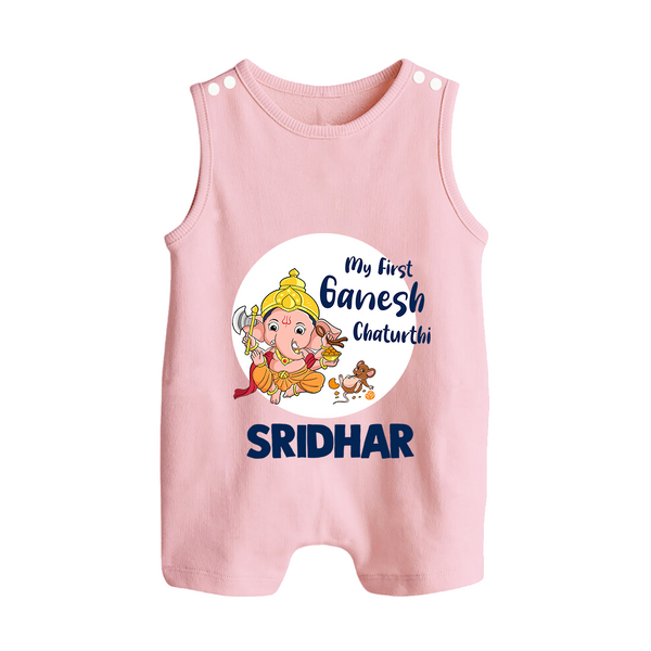 Ganesh Chaturthi Romper Suit / Sleeveless Romper for Baby | Custom Romper Suit / Sleeveless Romper to Celebrate First Ganesh Chaturthi - BABY PINK - 0 - 5 Months Old (Chest 18")