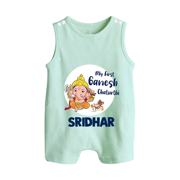 Ganesh Chaturthi Romper Suit / Sleeveless Romper for Baby | Custom Romper Suit / Sleeveless Romper to Celebrate First Ganesh Chaturthi - MINT GREEN - 0 - 5 Months Old (Chest 18")