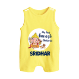 Ganesh Chaturthi Romper Suit / Sleeveless Romper for Baby | Custom Romper Suit / Sleeveless Romper to Celebrate First Ganesh Chaturthi - PASTEL YELLOW - 0 - 5 Months Old (Chest 18")