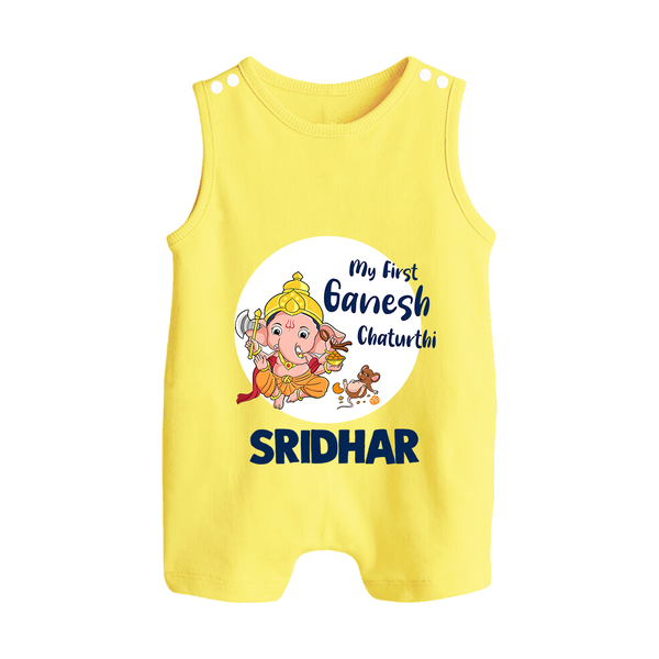 Ganesh Chaturthi Romper Suit / Sleeveless Romper for Baby | Custom Romper Suit / Sleeveless Romper to Celebrate First Ganesh Chaturthi - PASTEL YELLOW - 0 - 5 Months Old (Chest 18")