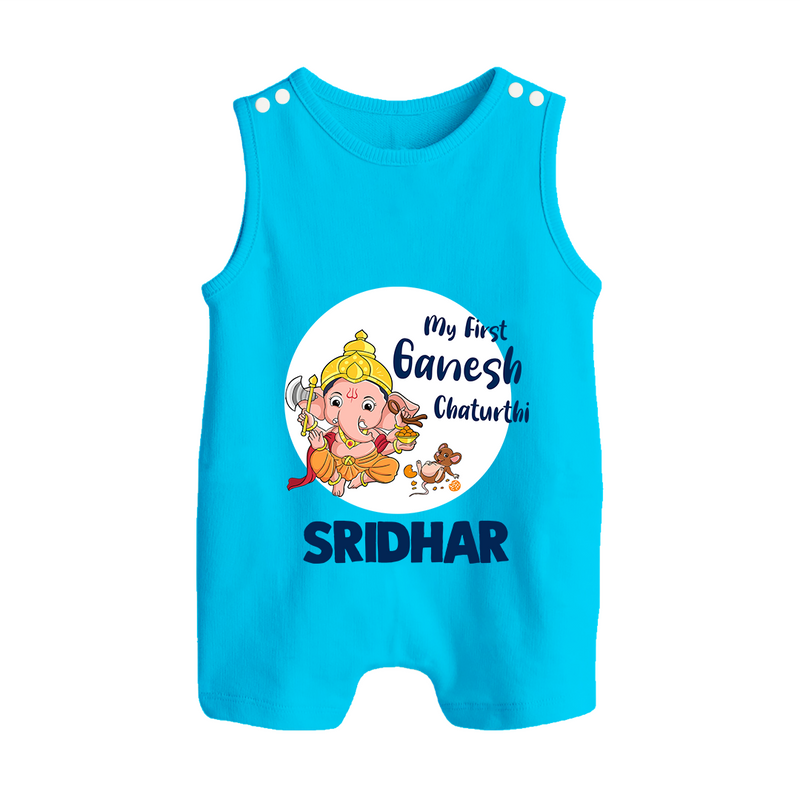 Ganesh Chaturthi Romper Suit / Sleeveless Romper for Baby | Custom Romper Suit / Sleeveless Romper to Celebrate First Ganesh Chaturthi - SKY BLUE - 0 - 5 Months Old (Chest 18")