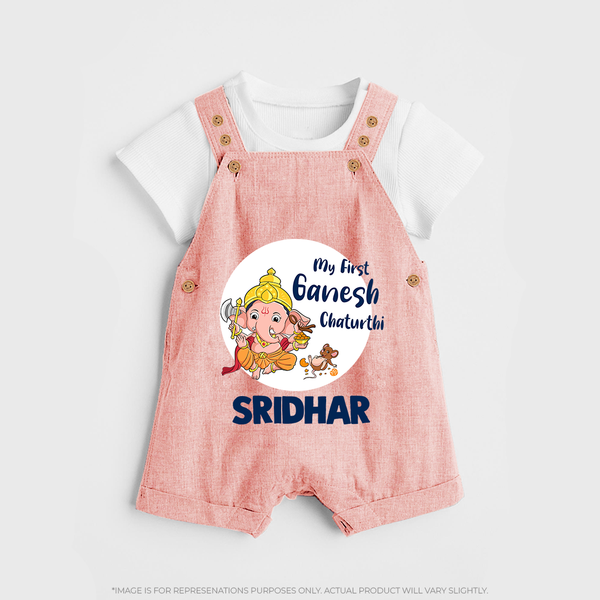 Ganesh Chaturthi Dungaree Set for Baby | Custom Dungaree Set to Celebrate First Ganesh Chaturthi - PEACH - 0 - 5 Months Old (Chest 18")