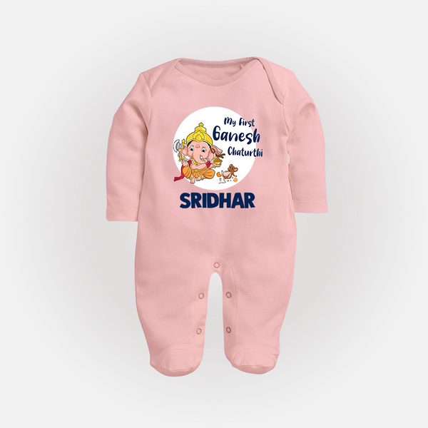 Ganesh Chaturthi Sleep Suit / Full Sleeve Body Suit for Baby | Custom Sleep Suit / Full Sleeve Body Suit to Celebrate First Ganesh Chaturthi - BABY PINK - New Born (Chest 7.5")