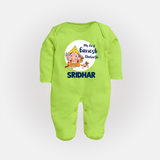 Ganesh Chaturthi Sleep Suit / Full Sleeve Body Suit for Baby | Custom Sleep Suit / Full Sleeve Body Suit to Celebrate First Ganesh Chaturthi - LIME GREEN - New Born (Chest 7.5")
