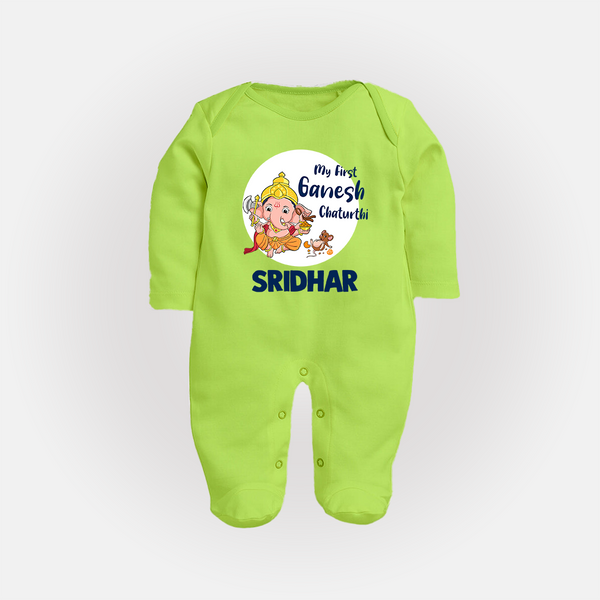 Ganesh Chaturthi Sleep Suit / Full Sleeve Body Suit for Baby | Custom Sleep Suit / Full Sleeve Body Suit to Celebrate First Ganesh Chaturthi - LIME GREEN - New Born (Chest 7.5")