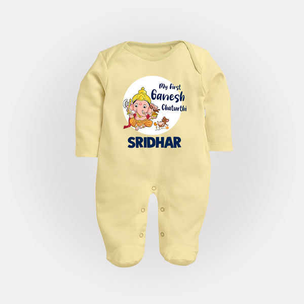 Ganesh Chaturthi Sleep Suit / Full Sleeve Body Suit for Baby | Custom Sleep Suit / Full Sleeve Body Suit to Celebrate First Ganesh Chaturthi - PASTEL YELLOW - New Born (Chest 7.5")