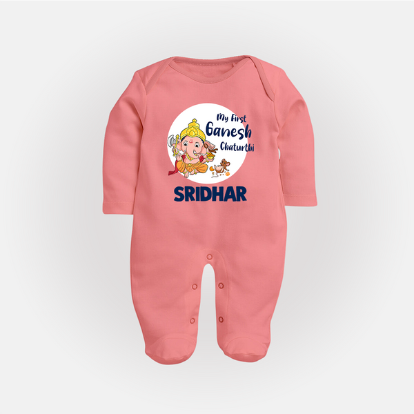 Ganesh Chaturthi Sleep Suit / Full Sleeve Body Suit for Baby | Custom Sleep Suit / Full Sleeve Body Suit to Celebrate First Ganesh Chaturthi - PEACH - New Born (Chest 7.5")