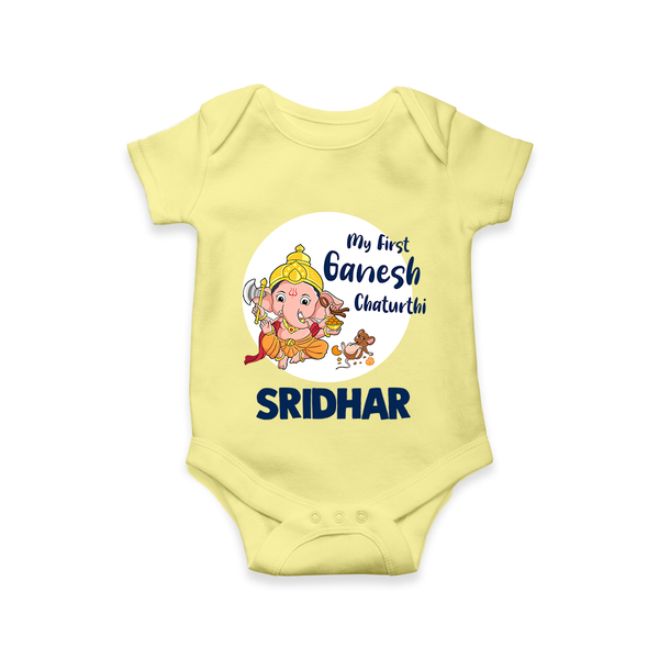 Ganesh Chaturthi Romper / Onesie for Baby | Custom Romper / Onesie to Celebrate First Ganesh Chaturthi - PASTEL YELLOW - New Born (Chest 14")