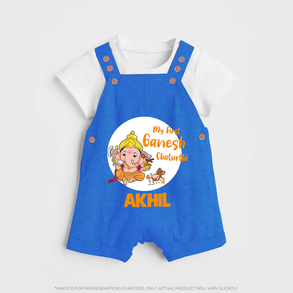 Ganesh Chaturthi Dungaree Set for Baby | Custom Dungaree Set to Celebrate First Ganesh Chaturthi - COBALT BLUE - 0 - 5 Months Old (Chest 18")