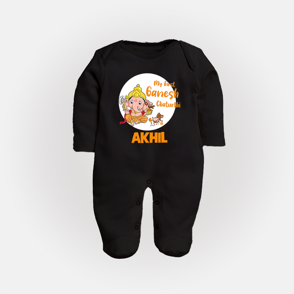 Ganesh Chaturthi Sleep Suit / Full Sleeve Body Suit for Baby | Custom Sleep Suit / Full Sleeve Body Suit to Celebrate First Ganesh Chaturthi - BLACK - New Born (Chest 7.5")