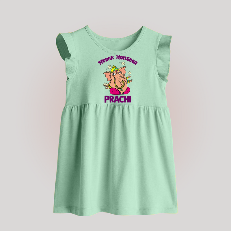 Modak Monster Baby Frock | Personalized Baby Frock for Little Ganesha - MINT GREEN - 0 - 3 Months Old (Chest 17")