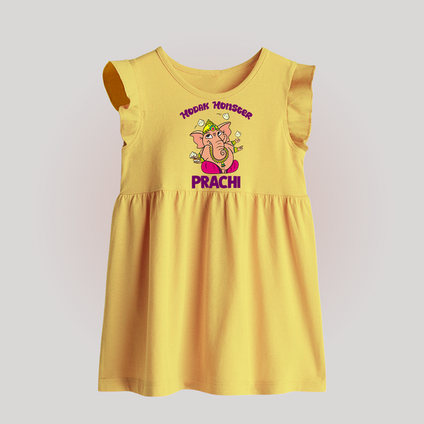 Modak Monster Baby Frock | Personalized Baby Frock for Little Ganesha - PASTEL YELLOW - 0 - 3 Months Old (Chest 17")