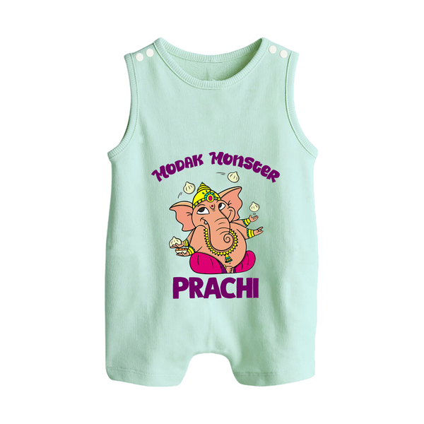 Modak Monster Romper Suit | Personalized Baby Romper Suit for Little Ganesha - MINT GREEN - 0 - 5 Months Old (Chest 18")