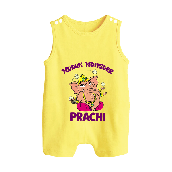 Modak Monster Romper Suit | Personalized Baby Romper Suit for Little Ganesha - PASTEL YELLOW - 0 - 5 Months Old (Chest 18")